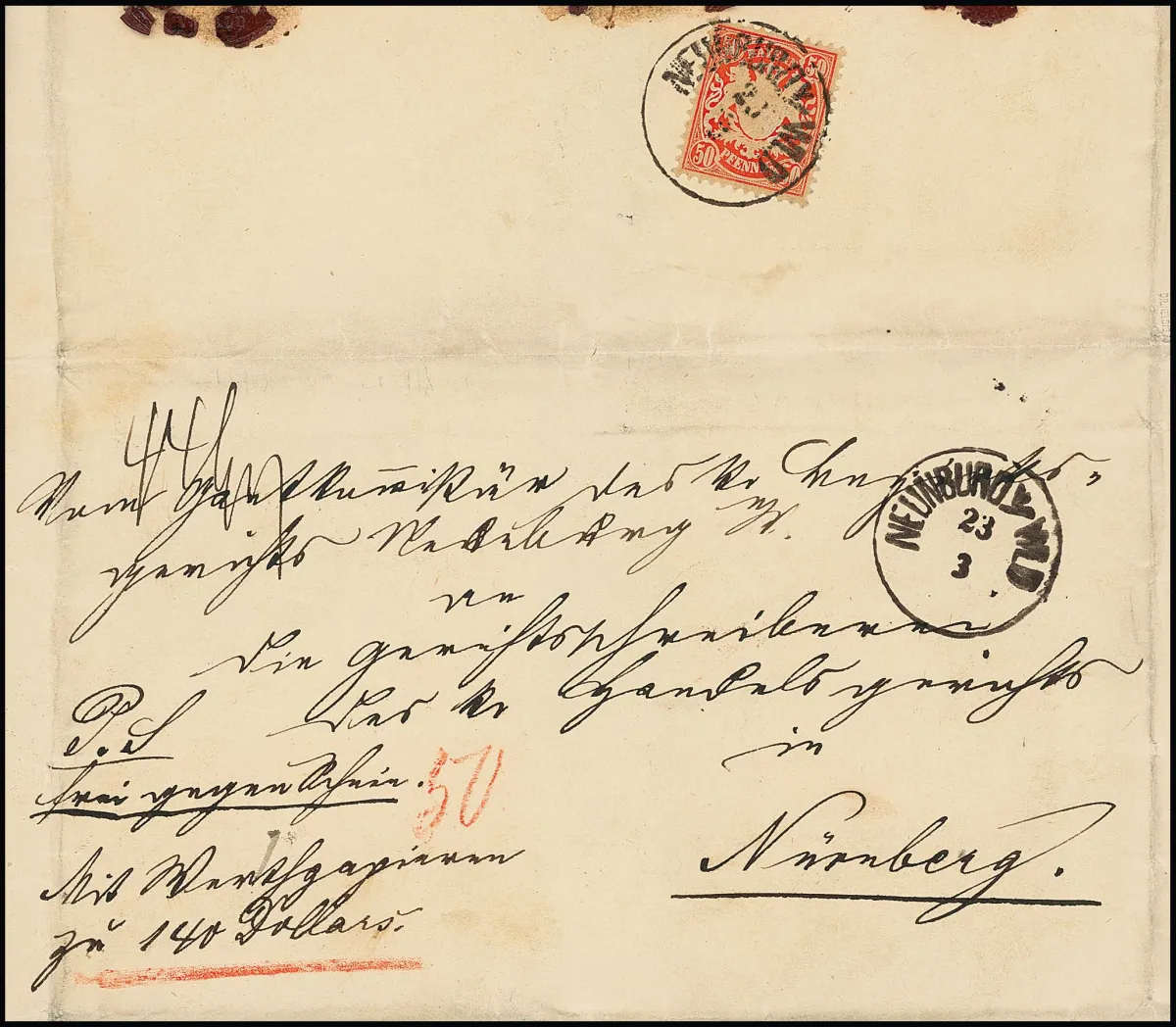 50 Pfg. rouge vermillon, exemplaire parfait au verso comme affranchissement unique rare sur lettre de valeur de Neunburg à Nuremberg, Mi. 2200,-