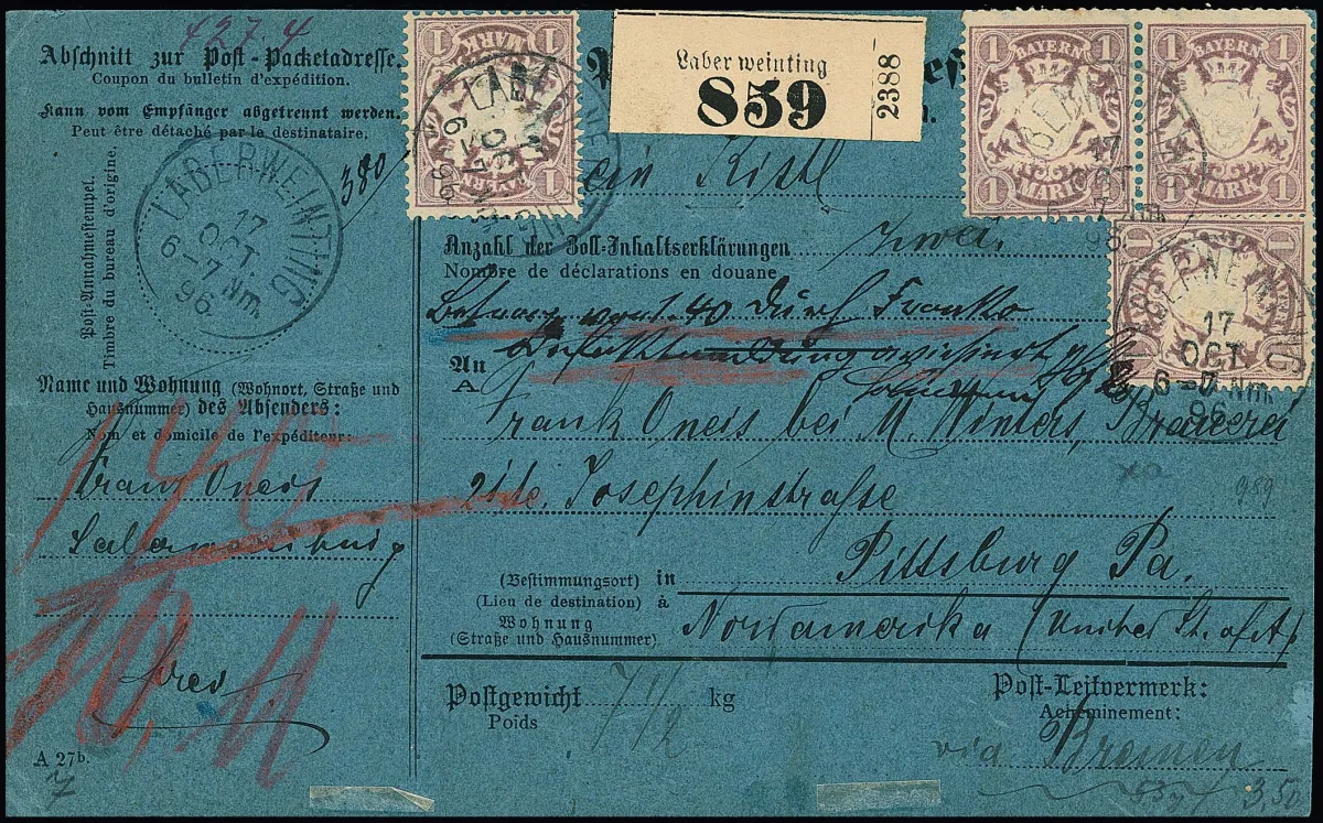 1 Mk. purple, ten copies front and back as very rare high pure multiple franking on complete parcel card with K1 "Laberweinting" 1896 to…