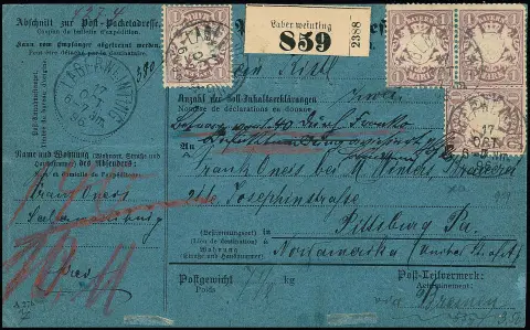 1 Mk. violet, dix exemplaires recto-verso comme affranchissement multiple pur élevé très rare sur carte de colis complète avec K1 "Laberweinting" 1896 vers…
