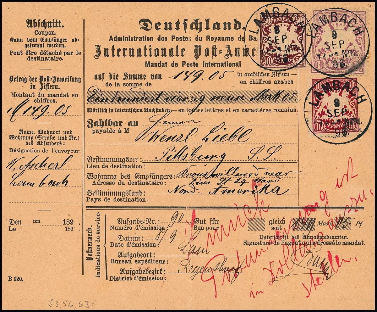 1 Mk. lilac, together with 10 Pfg. pink and 50 Pfg. lilac-brown on complete foreign postal order (typical center fold) with K1 "Lambach" 1896 to the USA, but…