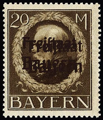 20 Mk. "Freistaat Bayern", variété "double surcharge" neuf sans charnière (léger pli). La double surcharge est particulièrement visible, rareté de Bavière, dont un seul feuillet de 20 ex. est connu (ici du champ 7), noté dans le Michel seulement avec "-.-". Signé Helbig et certificat Bauer