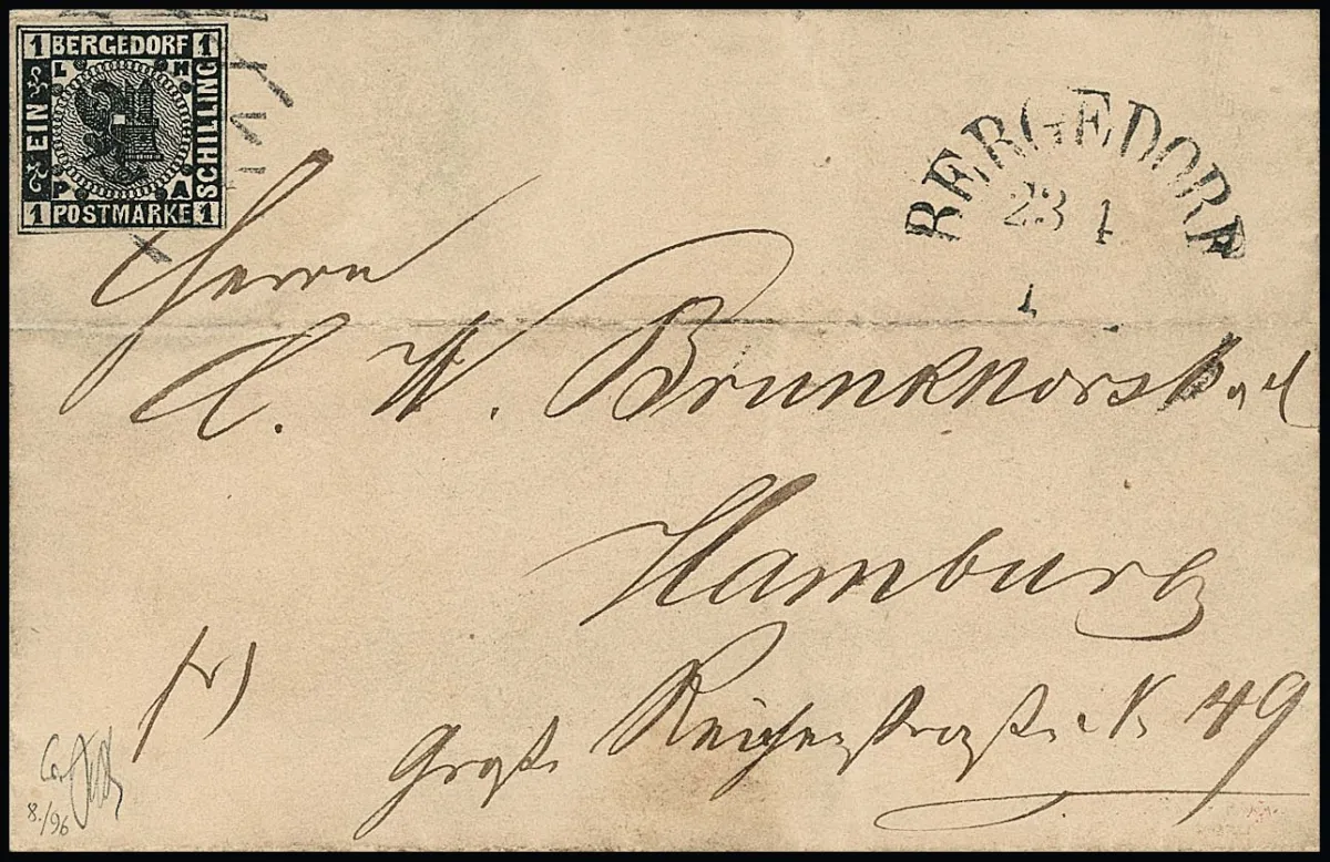 1 Sch. black, full to wide-margined cabinet piece on small letter (fold outside) from Bergedorf (bar cancel and auxiliary postmark dated 23.4.1863) to Hamburg.