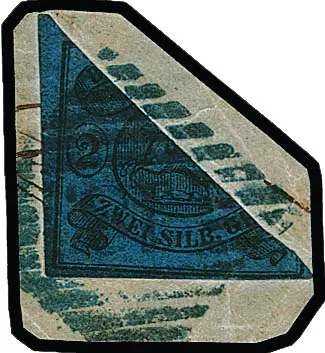 2 Sgr. schw./blau, gut geschnittene diagonale Halbierung (untere Hälfte) auf Briefstück mit blauem NS "18" (Halle a.d. Weser), kleiner Eckbug, sonst gut,…
