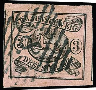 3 Sgr. schw./rosa, hervorragend riesenrandiges Luxusstück mit NS "8" (Braunschweig), alle vier Seiten (!) mit Nebenmarken verschnitten, so ein Ausnahmestück