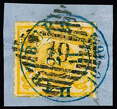 1 Sgr. yellow ochre, typical line perforation, on piece with very unusual and decorative double cancellation by clear black NS "19" and blue K2 "Harzburg"