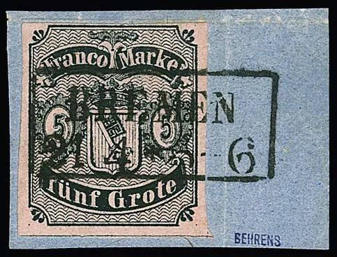 5 Gr. black/pink, full margins all round, mostly wide, on cabinet letter piece with clear Ra2 "Bremen".