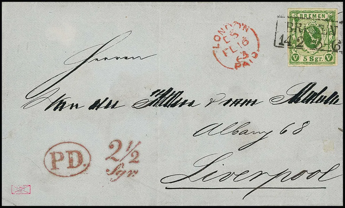 5 Sgr. vert mousse, toutes marges larges, petit pli d'angle en bas à gauche, sur lettre étrangère avec Ra2 "Bremen" 1863.
