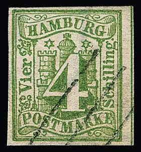 4 Sch. modrozelená, kabinetní kus s částečně velmi širokými okraji, čisté čárové razítko. Sign. Grobe, Starauschek a Bühler a certifikát Lange. Mi. 1500,-