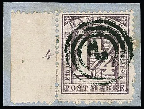 1 1/4 Sch. gris-pourpre avec bord de feuille gauche complet, numéro de rangée "4", sur fragment de lettre de cabinet avec NS centré "2". Les pièces de bord sont très rares dans l'émission dentelée !
