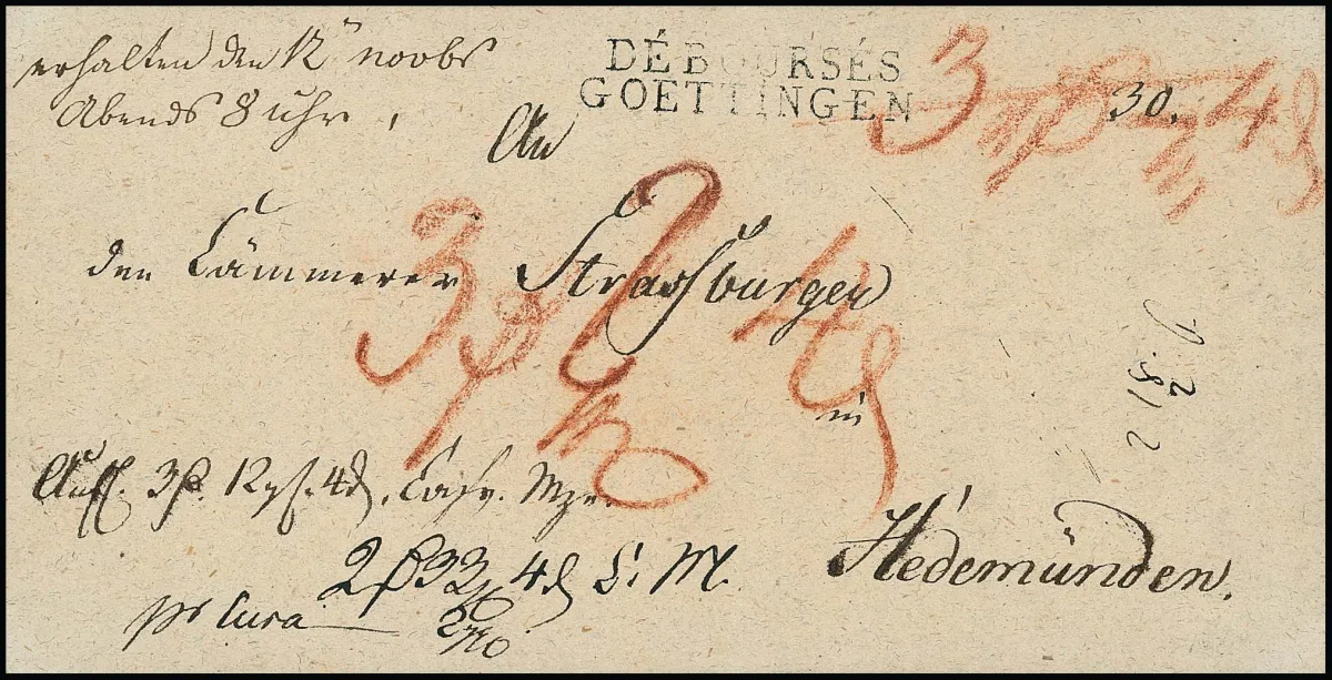 "Гёттинген", (1808), очень редкий L2 "DÉBOURSÉS GOETTINGEN" на лицевой стороне кабинетного заказного письма (с содержанием, без даты, предположительно 12.11.1808) в Хедемюнден