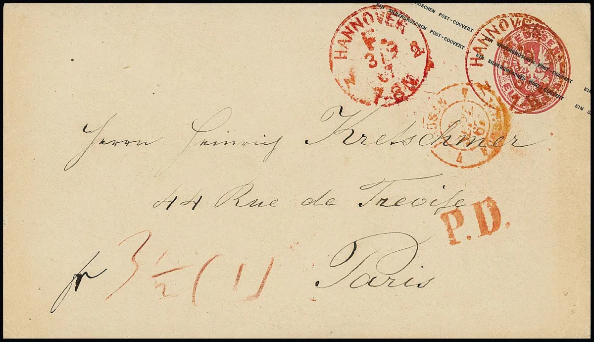 "Hannover F.N.2", rouge Franko-K1 deux fois comme seule oblitération sur entier Preußen-Wappen 1 Sgr. rose, 1867 comme lettre pour Paris, reste du port payé en espèces "3 1/2" Sgr.