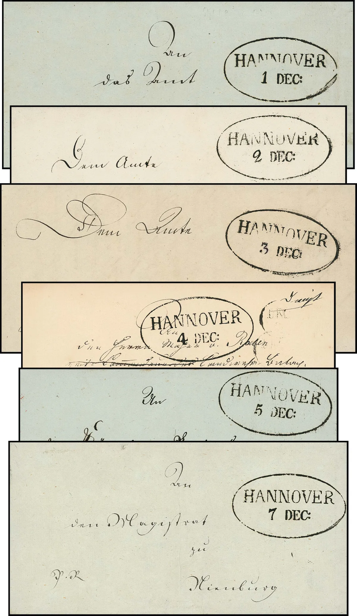 "Ганновер", 1817, хороший большой овальный штемпель четко на шести письмах, частично с содержанием