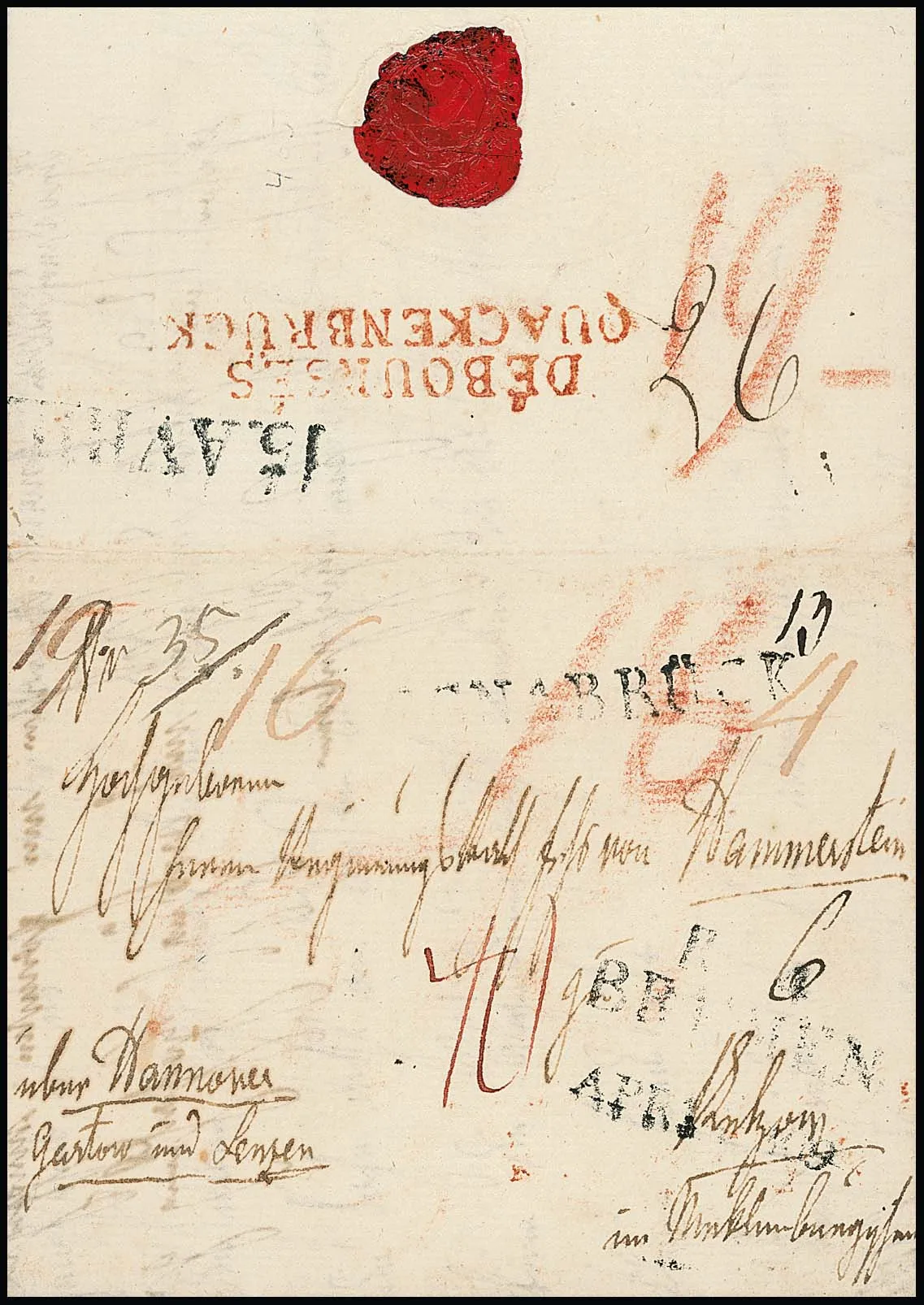 "Quackenbrück", 1809, sehr seltener roter L2 "DÉBOURSÉS QUACKENBRÜCK" auf Prachtbrief mit L1 "OSNABRÜCK" und L3 "R.4. BREMEN" nach Pentzow/Mecklenburg, eine…