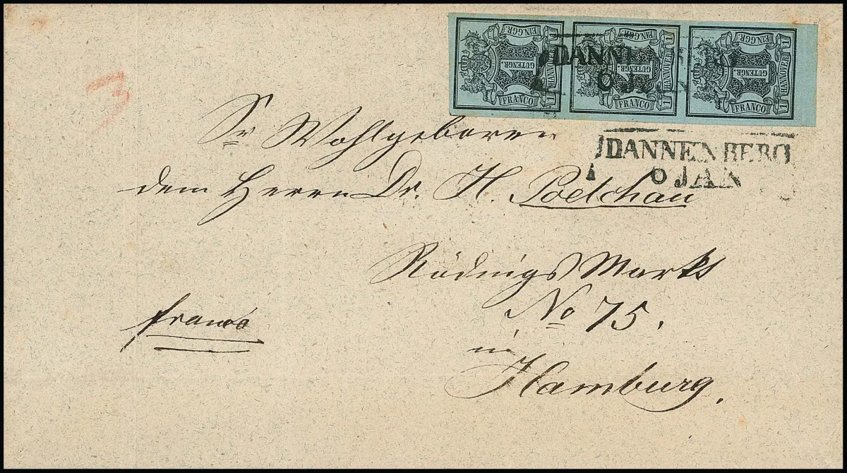 1 Ggr. noir/gris-bleu, bande de trois avec bord inférieur de cabinet sur lettre intérieure pliée de 3e poids avec Ra2 "Dannenberg" pour Hambourg, certificat Berger. Mi. 2500,-