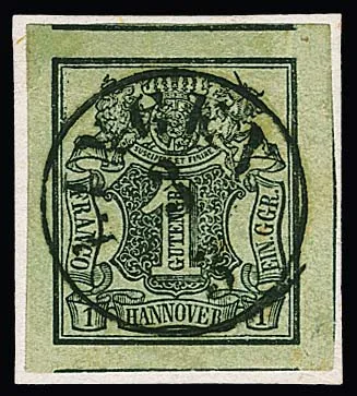 1 Ggr. noir/vert-gris, géant de coupe exceptionnel avec parties de timbres voisins sur trois côtés sur fragment de lettre avec K1 noir centré "Lingen", signé Kruschel