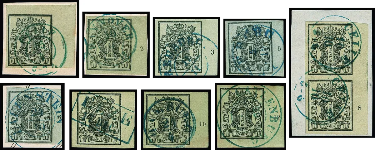 1 Ggr. brown-green/grey-green, ten different right margin pieces with row numbers "1" to "12", without "4" and "11", complete, "6" small margin flaw, two sheet corners