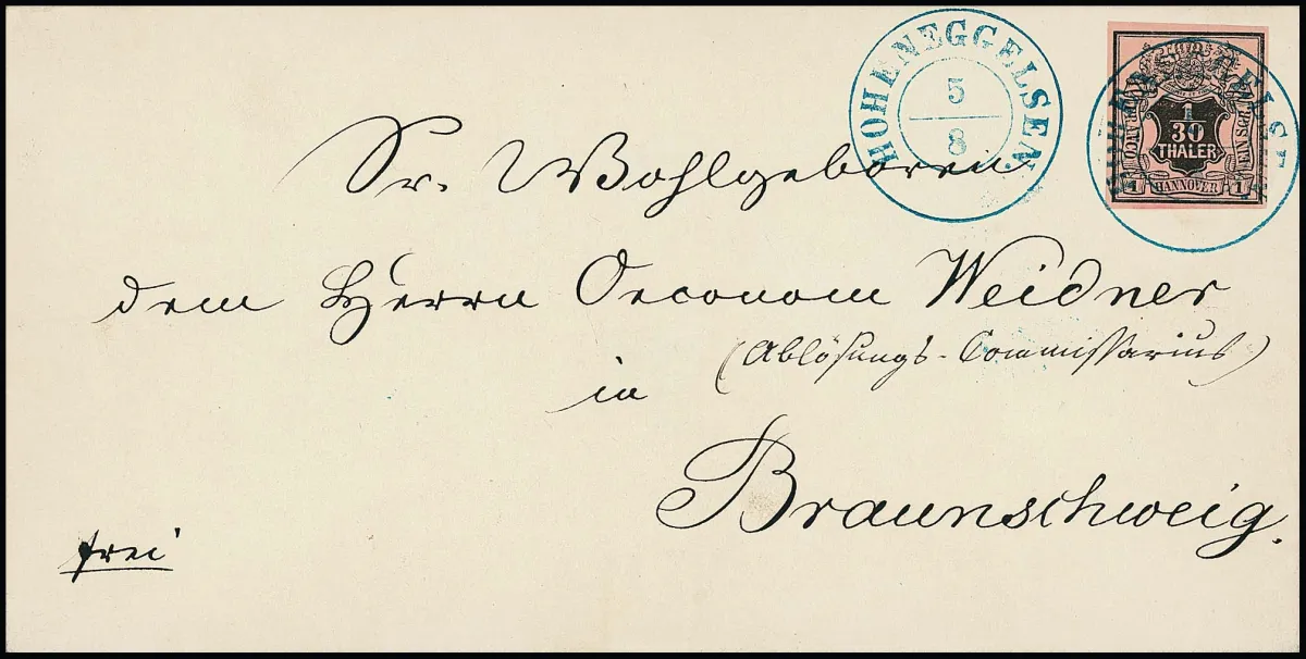 1/30 Th. brown-green/salmon-coloured on exemplarily cancelled, white unfolded luxury letter with very nicely centred K2 "Hoheneggelsen" to Braunschweig. A collector's piece!
