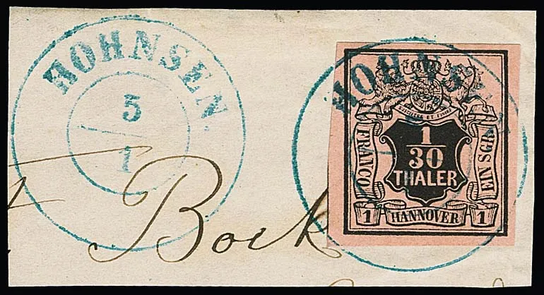 1/30 Th. black/salmon, wide margins, on piece with rare K2 "Hohnsen" centered and adjacent, signed Freyse