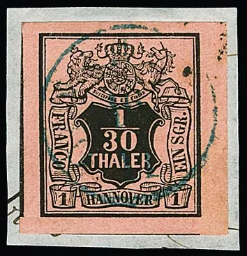 1/30 Th. schw./lachsfarben, ein extremer Schnittriese (Walter Kruschel sprach in solchen Fällen von "Automobilrändern, die so breit sind, dass man darauf…