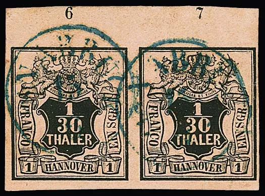 1/30 Th. noir/saumon, paire de luxe du bord supérieur avec numéros de rangée "6" et "7", ainsi que K1 clair "Osnabrück". De la collection Tomasini (Kruschel 1982), signé Kruschel, Ferchenbauer et certificat Berger