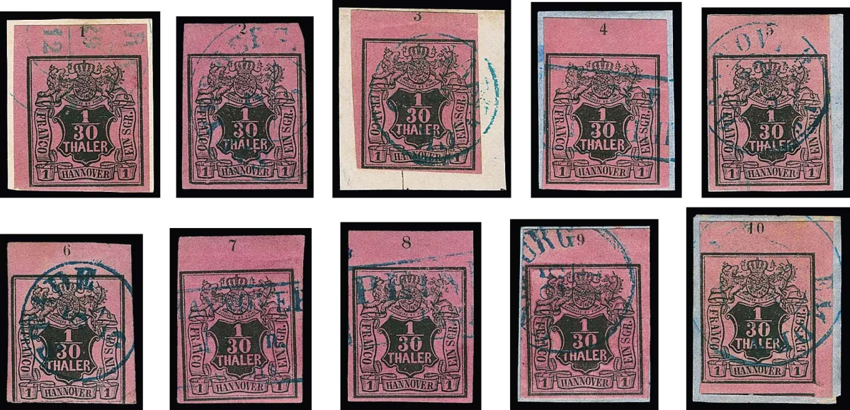 1/30 Th. black/raspberry red, complete top margin strip with all row numbers "1" to "10", "6" and "10" touched, "2" with plate flaw I, which is not common for this stamp!