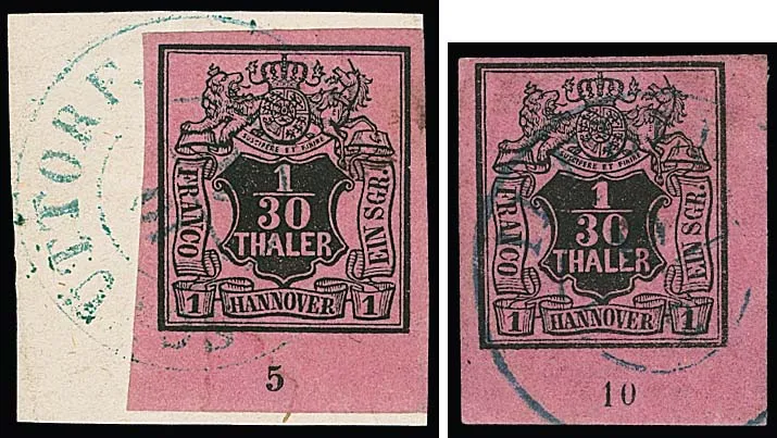 1/30 Th. black/raspberry red, six different bottom margins with row numbers "2", "5" (cabinet letter piece with K2 "Schüttorf", certificate Berger), "6", "8", "9" and "10" (cabinet sheet corner)