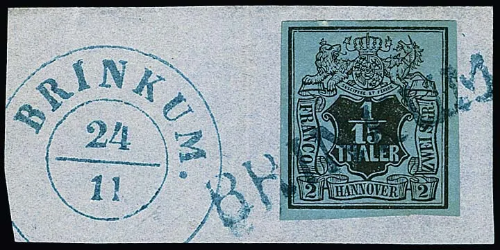 1/15 Th. black/grey-blue on luxury letter piece with rare blue L1 "Brinkum", K2 alongside