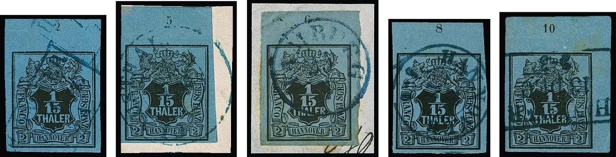 1/15 Th. noir/bleu-gris, bande marginale supérieure complète avec tous les numéros de rangée "1" à "10". L'état varie, mais le coin supérieur droit de la feuille est par exemple en état cabinet (expertise photo Berger)