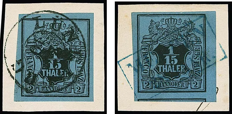 1/15 Th. black/grey-blue, two unusually wide-margined examples on luxury letter pieces, black K2 "Lüneburg" resp. blue Ra2 "Meppen" (from the right margin, bottom subsidiary mark), signed Berger resp. Engel