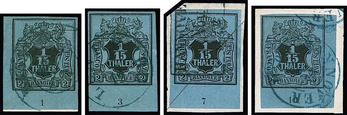 1/15 Th. black/grey-blue, almost complete bottom margin strip with row numbers "1" to "10", without "4", complete. Condition varies somewhat, but e.g. both sheet corners are flawless