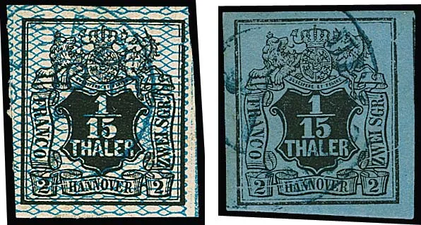 1/15 Th. schw./graublau (breitrandig, nur im Überrand kleiner Spalt) und 1/15 Th. schw./blau, beide mit dem gleichen seltenen Teilauflagen-Plattenfehler…