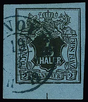 1/15 Th. schw./graublau, breitrandige linke untere Kabinett-Bogenecke mit Plattenfehler "gebrochener Fuß der linken 2 und Delle in Randlinie unten rechts" (3.…