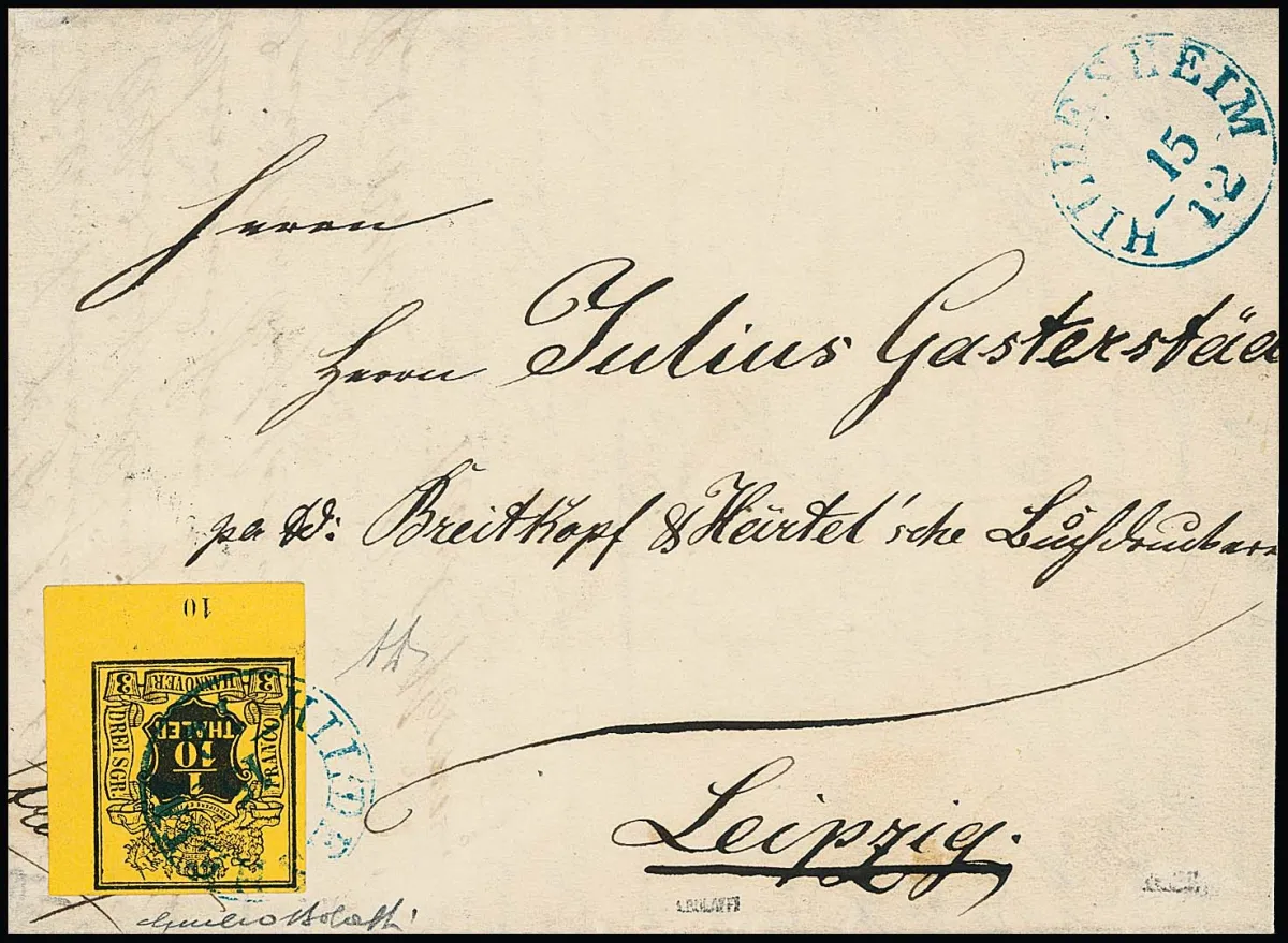 1/10 Th. black/yellow, large lower right sheet corner with K1 "Hildesheim" on cover (side flaps not quite complete, insignificant) to Leipzig.