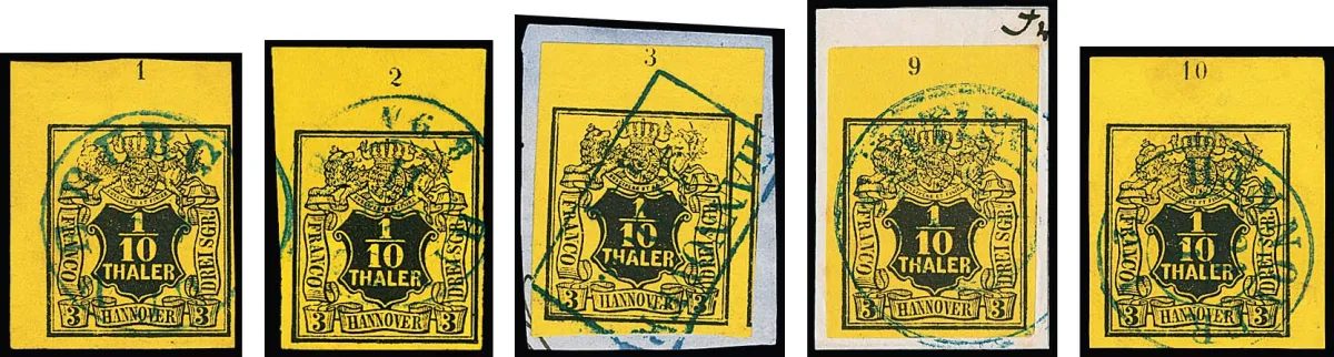 1/10 Th. noir/jaune, bande de marge supérieure presque complète avec les numéros de rangée "1" à "10", sans "8", complète, "5" touché, les deux coins de feuille impeccables et avec expertise Berger