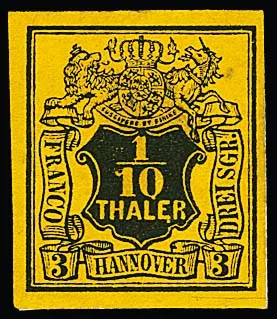 1/10 Th. noir/jaune, variété de plaque "1 avec crochet" grandes marges non oblitéré sur fragment non oblitéré, rare même dans cet état non oblitéré, expert. Berger. Mi. "-.-"