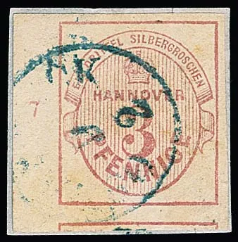 3 Pfge. lilac-rose, oversized margins, at left sheet margin and row number "7", on superb piece with K1 from Osnabrück, certificate Berger