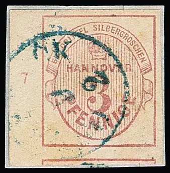 3 Pfge. lilas-rose, marges surdimensionnées, à gauche bord de feuille et numéro de rangée "7", sur fragment de cabinet avec K1 d'Osnabrück, attestation Berger