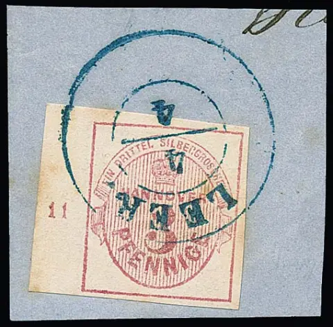 3 Pfge. rose, grandes marges, à gauche bord de feuille avec numéro de rangée "11", sur magnifique fragment original avec K2 complet "Leer", signé Köhler, Pfenninger