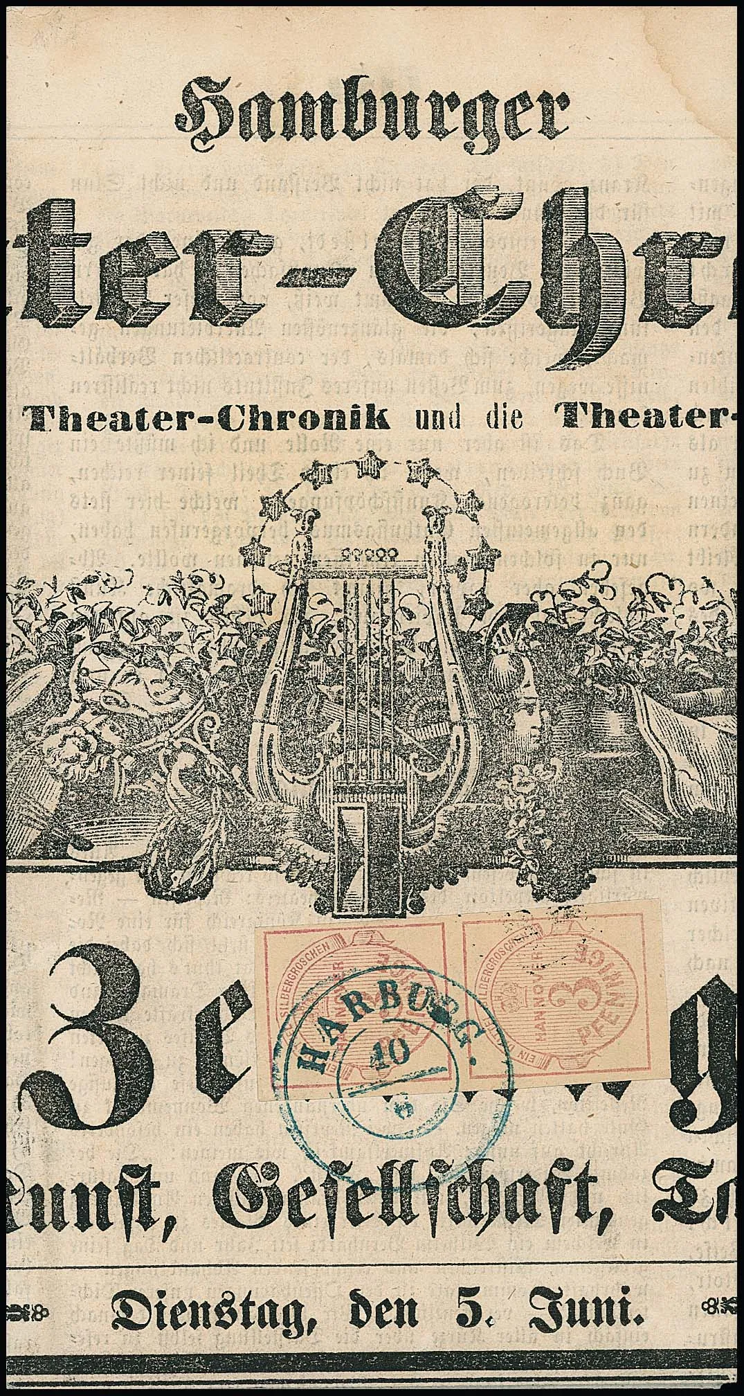 3 Pfge. pink, cabinet pair on complete newspaper "Theater-Chronik" 1855 with centered K2 "Harburg", newspaper with usual storage traces.