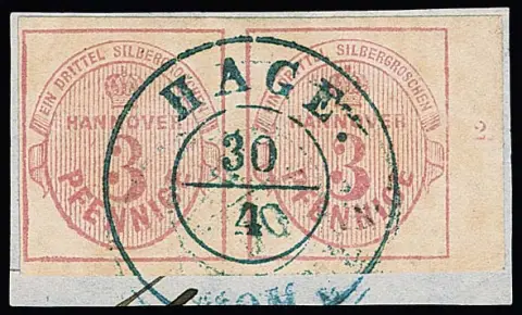 3 Pfge. lilas rose en paire du bord droit de feuille, numéro de rangée "2", sur pièce de lettre de cabinet avec K2 centré "Hage"
