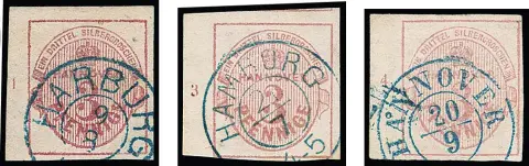 3 Pfge. lilas rose, trois pièces de marge gauche clairement oblitérées, numéros de rangée "1" (trace de pliure de l'utilisation d'imprimés), "3" et "4" (cabinet, signé Berger)