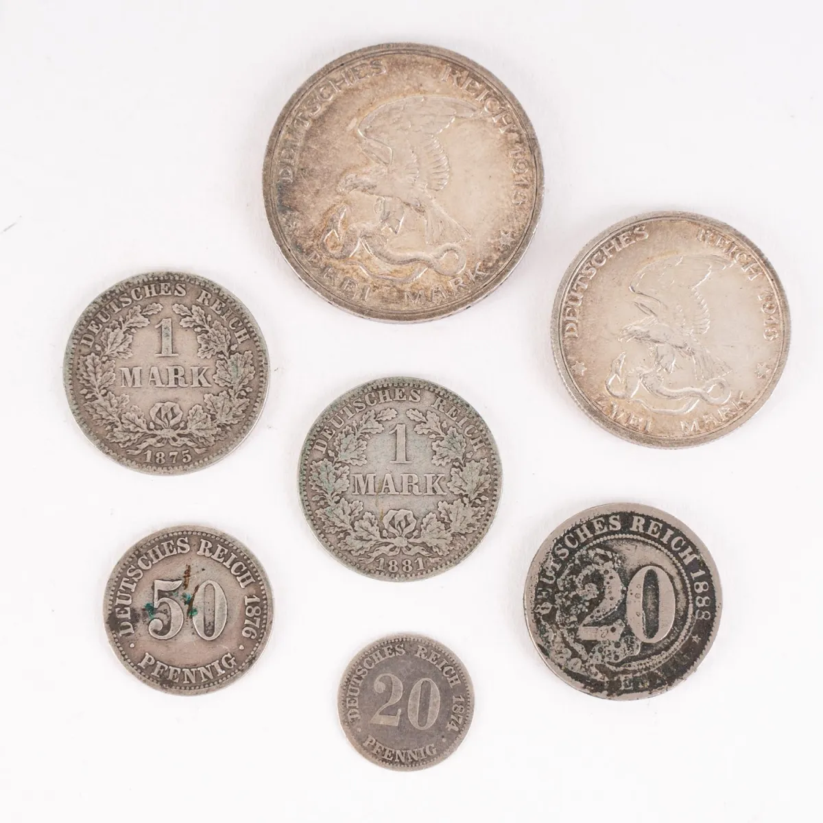 Lot de 7 pièces diverses de l'Empire allemand, comprenant 3 Mark - 1913, 2 Mark 1913, 2x 1 M…