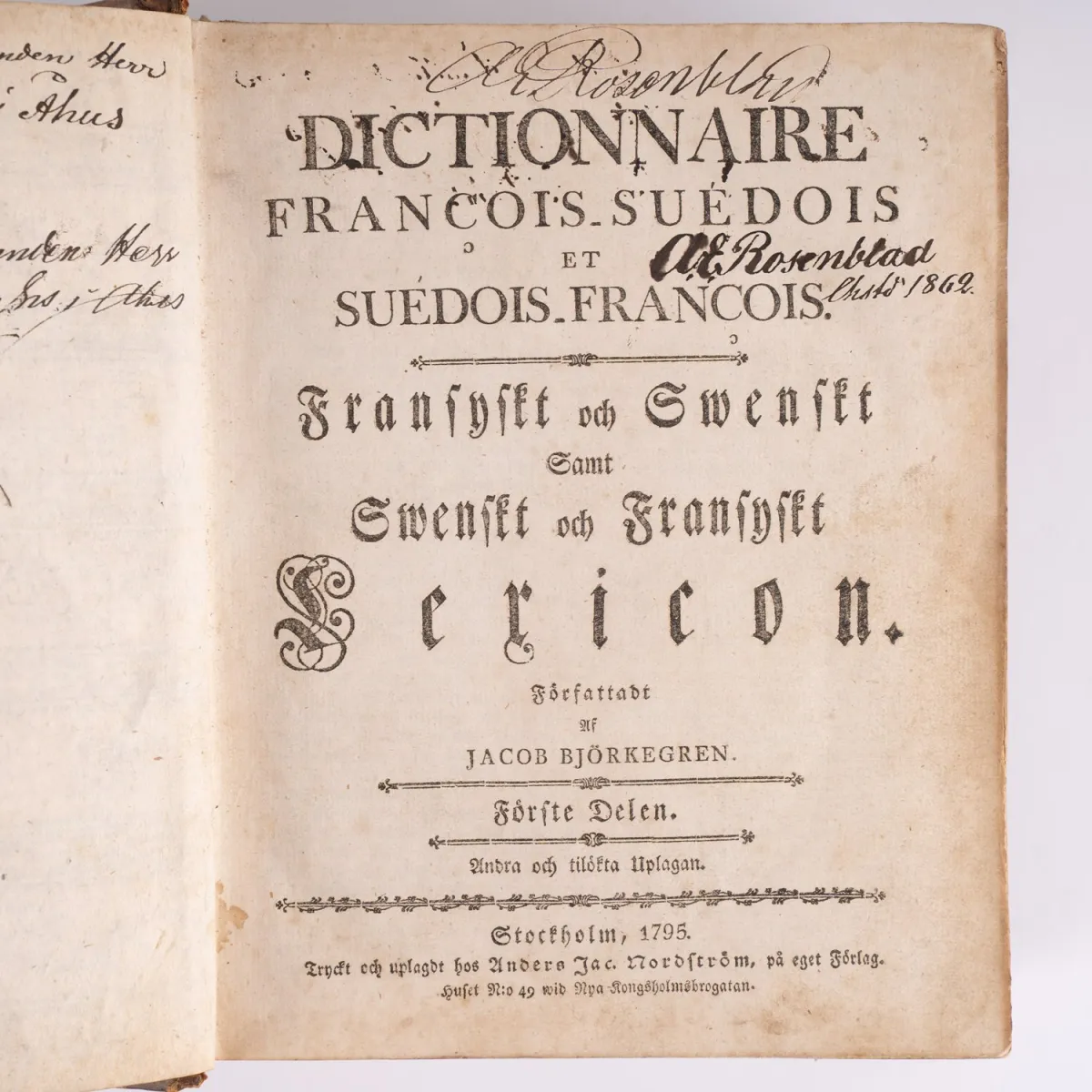 Velmi starý slovník, vydán ve Stockholmu 1795, Francois - Suedois et Suedos - Francois (= francouzsko - švédský …