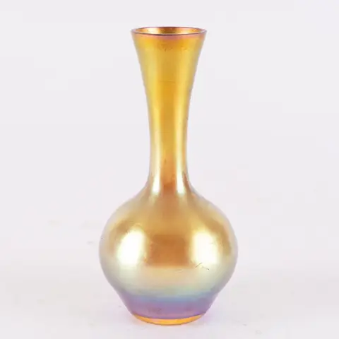 Vase de table décoratif, base polie, hauteur env. 14 cm, verre irisé, dégradé jaune-vert-violet