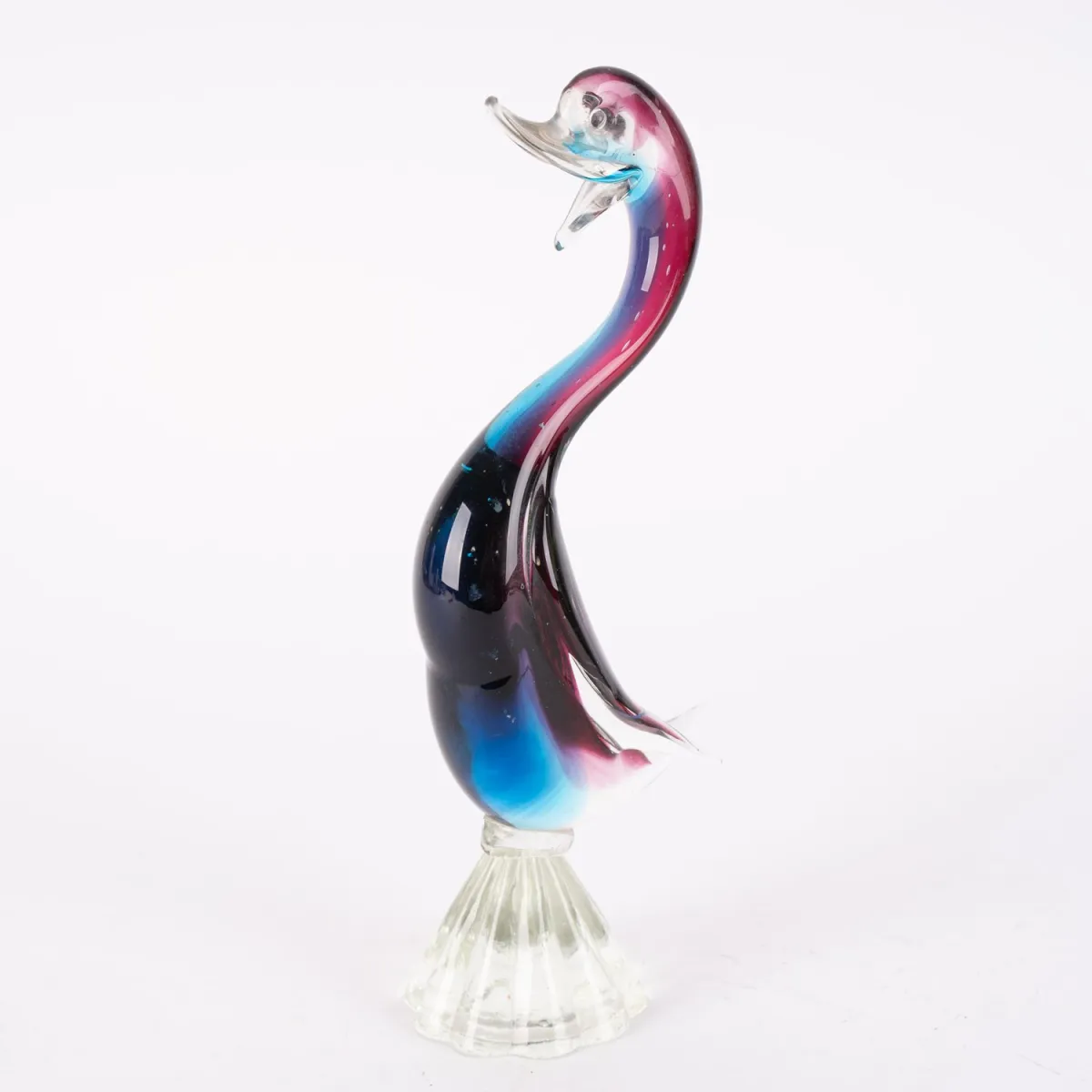 Duck - Murano glass, blue-red coloration. Simple shape, foot and beak in white. Very heavy execution. Height