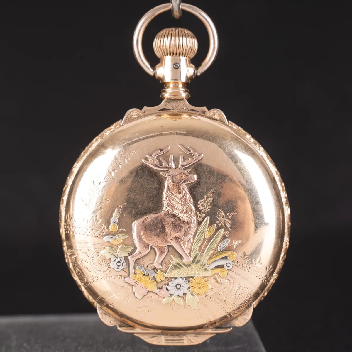 Montre de gousset américaine, plaqué or 14 kt (rouge, blanc, jaune), le mouvement démarre ; régulation spéciale. Fabricant…