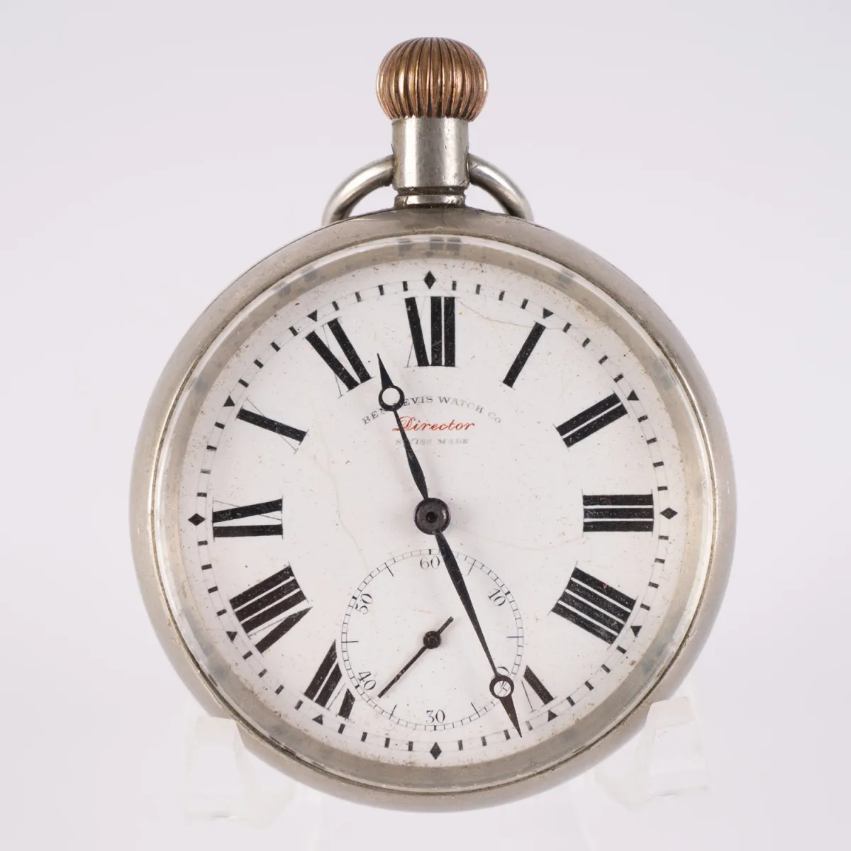 Open-face men's pocket watch, white dial with Roman numerals marked: Ben Nevis Watch Co. - Director - Swiss Mad