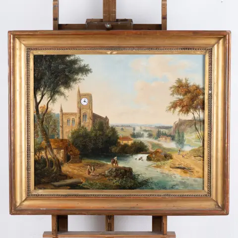 Grande horloge à tableau, Biedermeier vers 1839 / 40, au premier plan église de monastère avec tour et personnages, sur la rive avec...