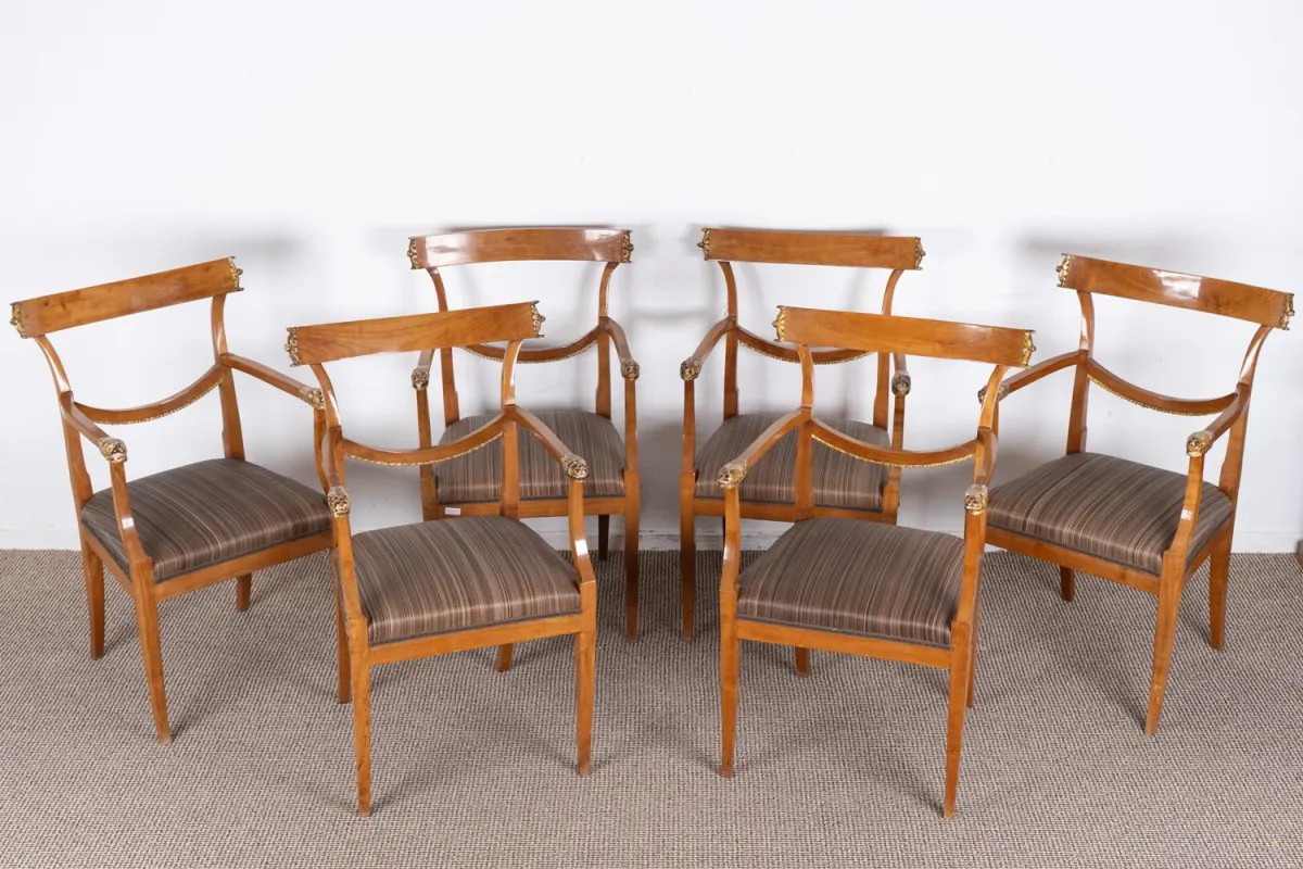 Rare set of 6 armchairs, Empire, Danube Monarchy, 1st half 19th c., solid cherry wood, elaborate armrests