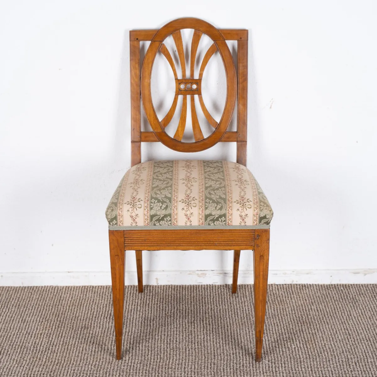 Elegant classicist upholstered chair, solid beech, walnut-coloured lacquered/stained. About 30 years ago professionally